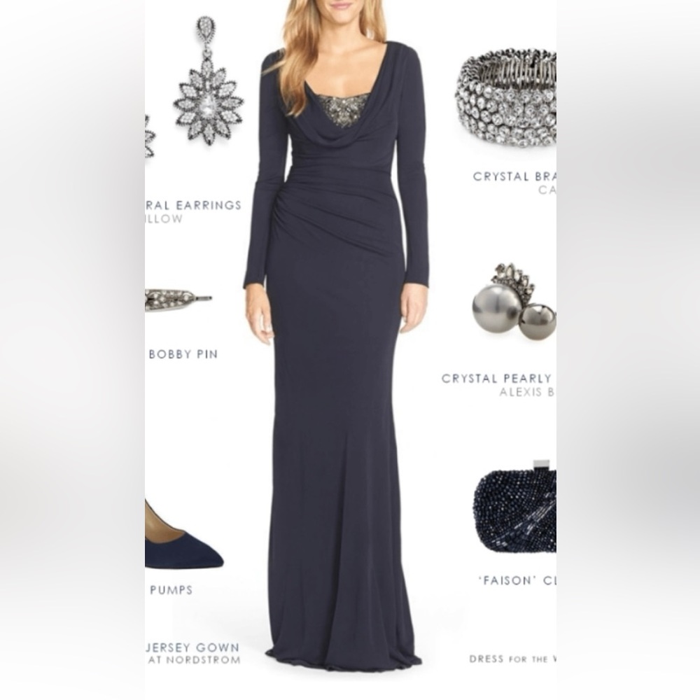 David Meister beaded navy long sleeve maxi dress. Size 10